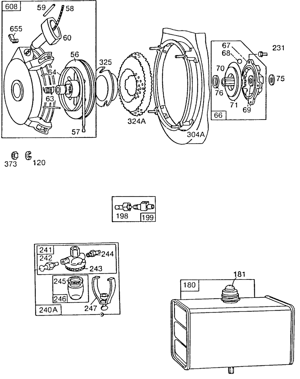 Rewind Starter Assembly Fueltank Diagram and Parts List for 422437-0021-XX  Briggs and Stratton Engine